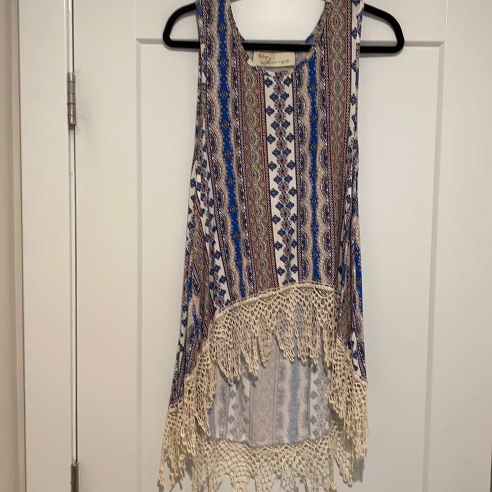 Vintage Havana Blue and Cream Crochet Hem Tank Top
